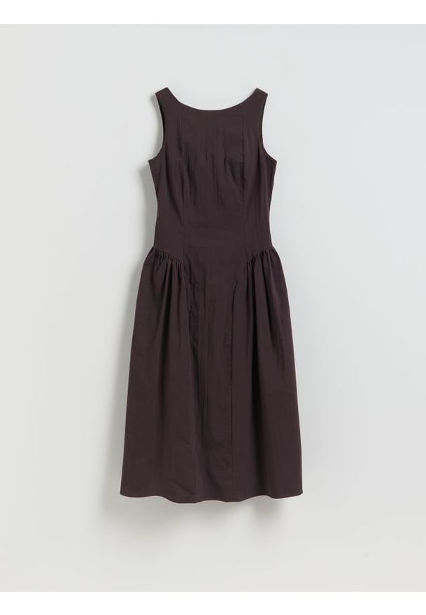 Reserved - Sukienka midi z bawełną - brązowy. Kolor: brązowy. Materiał: bawełna. Długość: midi