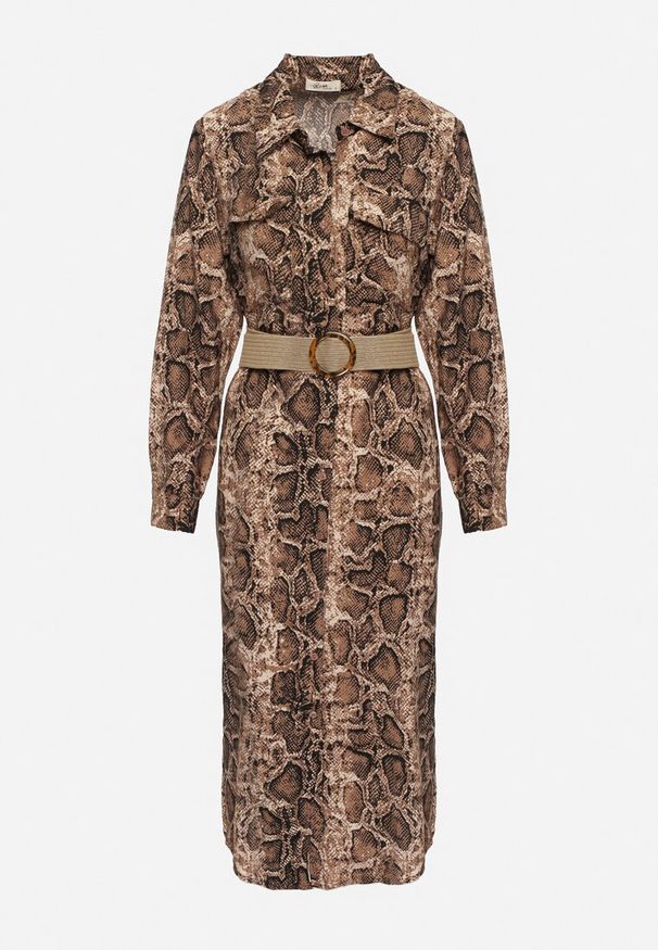Born2be - Brązowa Wiskozowa Sukienka w Wężowy Wzór o Koszulowym Kroju z Elastycznym Paskiem Rinnosia. Okazja: na spotkanie biznesowe. Typ kołnierza: dekolt w serek. Kolor: brązowy. Materiał: wiskoza. Typ sukienki: koszulowe. Styl: biznesowy, elegancki