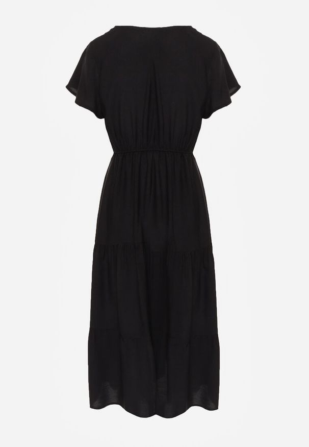 Renee - Czarna Sukienka z Wiskozy Jonmy. Okazja: na co dzień. Typ kołnierza: dekolt w serek. Kolor: czarny. Wzór: gładki, aplikacja. Typ sukienki: proste. Materiał: wiskoza. Długość rękawa: krótki rękaw. Sezon: lato. Styl: casual, elegancki. Długość: midi