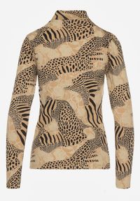 Renee - Beżowo-Czarna Bluzka Longsleeve z Bawełny z Półgolfem i Panterkowym Printem Unalla. Kolor: beżowy. Materiał: bawełna. Długość rękawa: długi rękaw. Wzór: nadruk #5