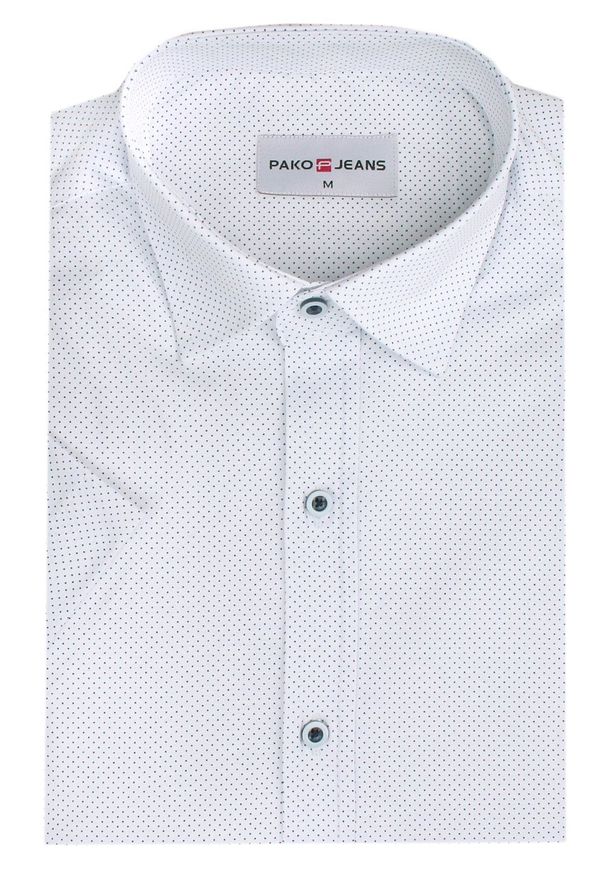 Męska Koszula Typu Casual (Weekendowa) - Pako Jeans - Biała w Mikrogroszki. Okazja: na co dzień. Kolor: biały. Materiał: bawełna. Styl: casual