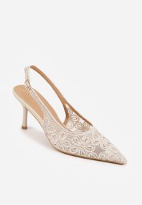 Renee - Beżowe Szpilki Slingback VICES z Siateczki Zdobione Haftem i Cekinami Eunoite. Nosek buta: szpiczasty. Zapięcie: pasek. Kolor: beżowy. Materiał: satyna. Wzór: haft, aplikacja. Obcas: na szpilce. Styl: klasyczny, elegancki #3
