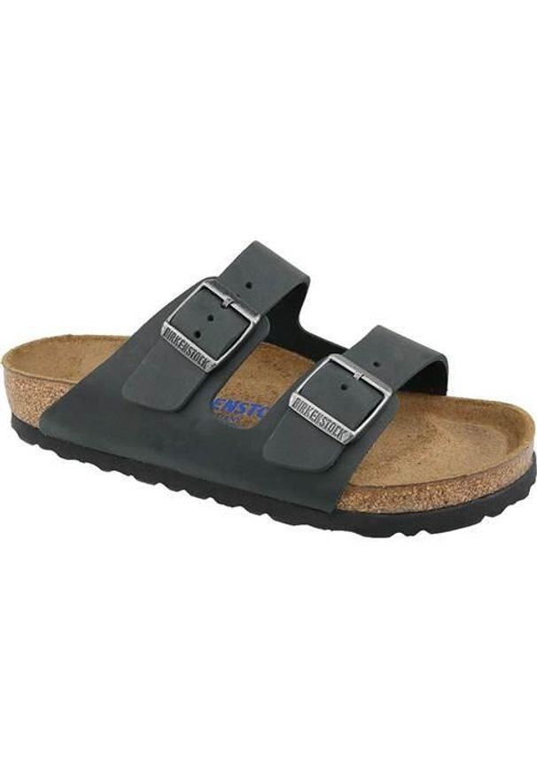 Klapki damskie Birkenstock Arizona. Zapięcie: bez zapięcia. Kolor: czarny. Materiał: materiał, skóra. Szerokość cholewki: normalna. Sport: turystyka piesza