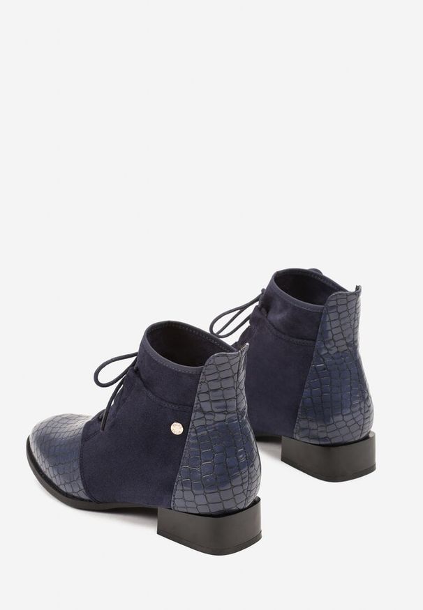Born2be - Granatowe Sznurowane Botki Vices do Kostki z Wężowym Tłoczeniem Wodvira. Zapięcie: sznurówki. Kolor: niebieski. Materiał: jeans. Obcas: na obcasie. Styl: elegancki. Wysokość obcasa: niski