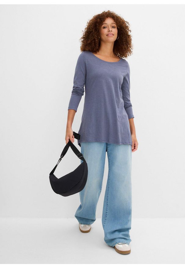 bonprix - Bawełniana bluzka z długim rękawem. Kolor: niebieski. Materiał: bawełna. Długość rękawa: długi rękaw. Długość: długie