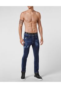 Philipp Plein - PHILIPP PLEIN - Ciemnoniebieskie jeansy Skinny. Kolor: niebieski. Wzór: aplikacja