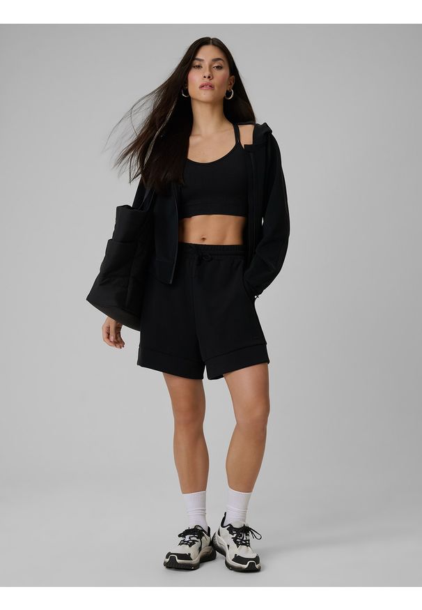 4f - 4F Bluza dresowa regular z modalem damska - czarna M. Okazja: na co dzień. Typ kołnierza: kaptur. Kolor: czarny. Materiał: dresówka. Długość rękawa: raglanowy rękaw. Długość: krótkie. Wzór: gładki. Styl: casual