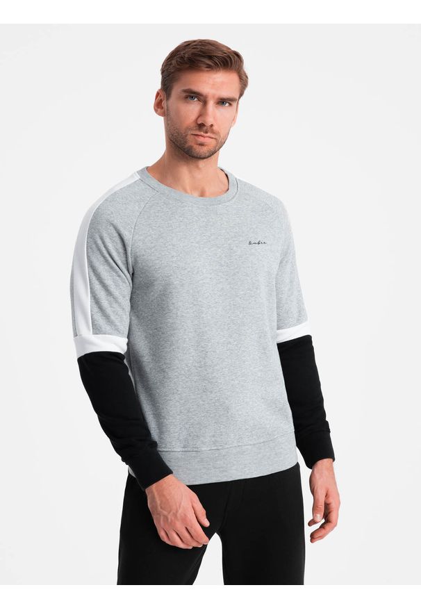 Ombre Clothing - Trójkolorowa męska bluza dresowa z raglanowymi rękawami – szara V1 - Rozmiar: M. Okazja: na co dzień. Kolor: szary. Materiał: dresówka. Długość rękawa: raglanowy rękaw. Wzór: nadruk. Styl: sportowy, casual
