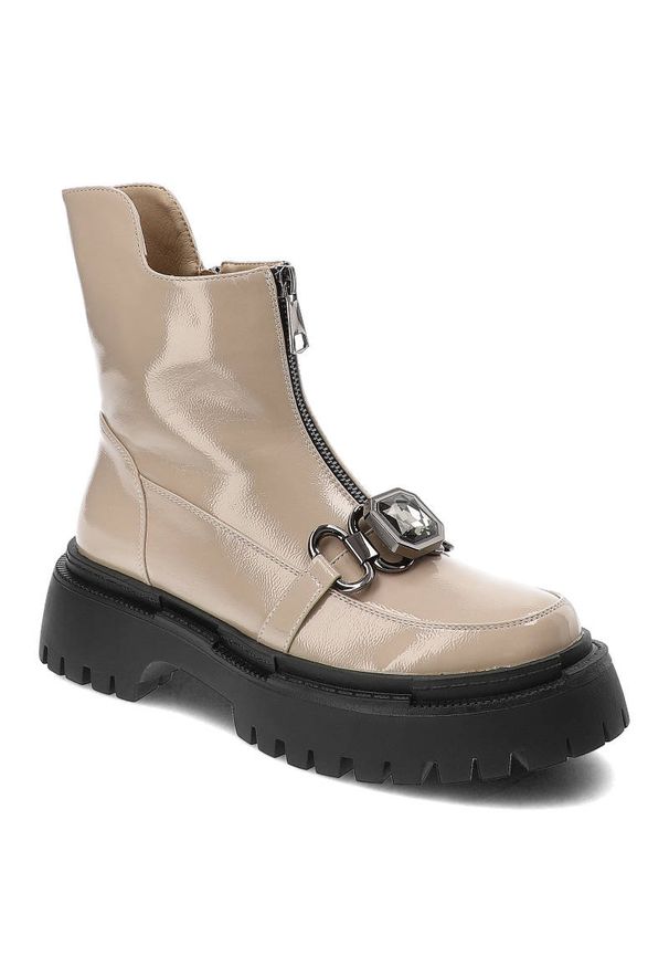 Beżowe Botki S.Barski Modne Buty Damskie. Zapięcie: klamry. Kolor: beżowy. Materiał: skóra ekologiczna. Obcas: na platformie. Styl: elegancki