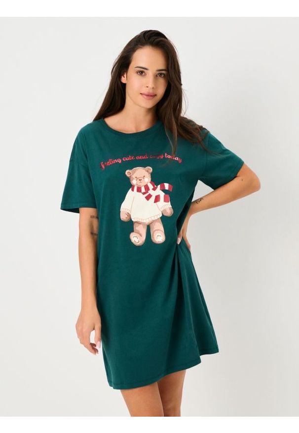 Sinsay - Bawełniana koszula nocna z nadrukiem - zielony. Kolor: zielony. Materiał: bawełna. Wzór: nadruk