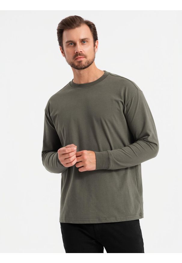 Ombre Clothing - Bawełniany męski longsleeve LOOSE FIT z okrągłym dekoltem – szarozielony V3 - Rozmiar: XL. Kolor: zielony. Materiał: bawełna. Długość rękawa: długi rękaw. Wzór: gładki