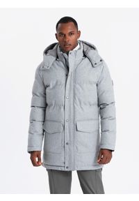 Ombre Clothing - Ciepła długa męska kurtka typu parka z wełną – jasnoszary melanż V3 - Rozmiar: L. Kolor: szary. Materiał: wełna. Długość: długie. Wzór: melanż
