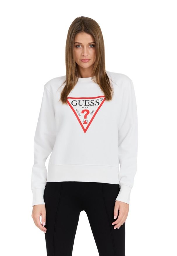 Guess - GUESS Biała damska bluza z dużym logo Original Fleece, Rozmiar L. Kolor: biały. Materiał: poliester, materiał, bawełna