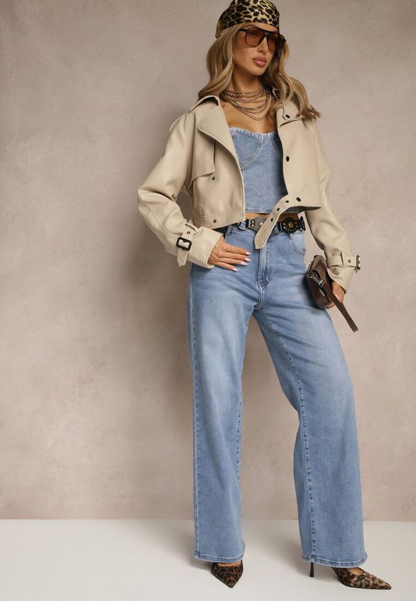 Renee - Beżowa Krótka Kurtka Ramoneska w Stylu Trencza Niladoria. Okazja: na spotkanie biznesowe, do pracy. Kolor: beżowy. Materiał: jeans. Długość: krótkie. Wzór: paski. Styl: elegancki, biznesowy