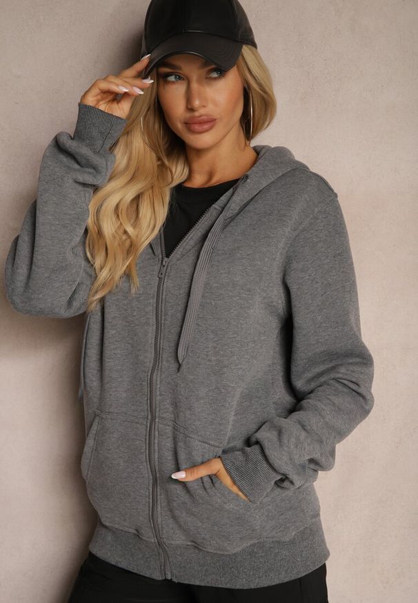 Renee - Ciemnoszara Klasyczna Bluza z Kapturem i Sznurkami Ballata. Okazja: na co dzień. Typ kołnierza: kaptur. Kolor: szary. Materiał: jeans, materiał. Długość rękawa: długi rękaw. Długość: długie. Styl: klasyczny