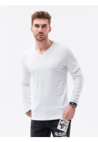 Ombre Clothing - Longsleeve męski bez nadruku - biały V3 L136 - XXL. Typ kołnierza: dekolt w kształcie V. Kolor: biały. Materiał: materiał, bawełna. Długość rękawa: długi rękaw. Styl: klasyczny #1