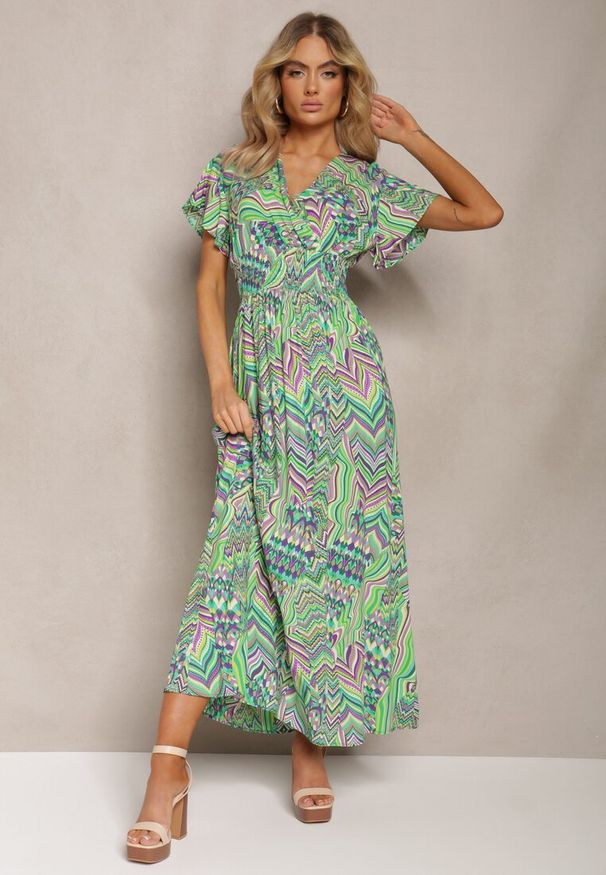 Renee - Zielona Długa Sukienka z Kopertowym Dekoltem i Gumką w Pasie z Wiskozy Eriselle. Kolor: zielony. Materiał: wiskoza. Wzór: kolorowy. Typ sukienki: kopertowe. Styl: boho, etno, wakacyjny. Długość: maxi