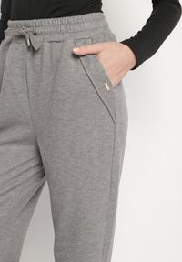 Born2be - Jasnoszare Spodnie z Wysokim Stanem Ozdobione Sznurkami Akleria. Okazja: na spacer. Stan: podwyższony. Kolor: szary. Materiał: jeans. Wzór: aplikacja #5