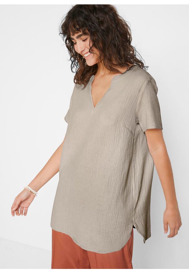 bonprix - Długa tunika muślinowa z czystej bawełny. Kolor: szary. Materiał: bawełna. Długość rękawa: krótki rękaw. Długość: krótkie, długie