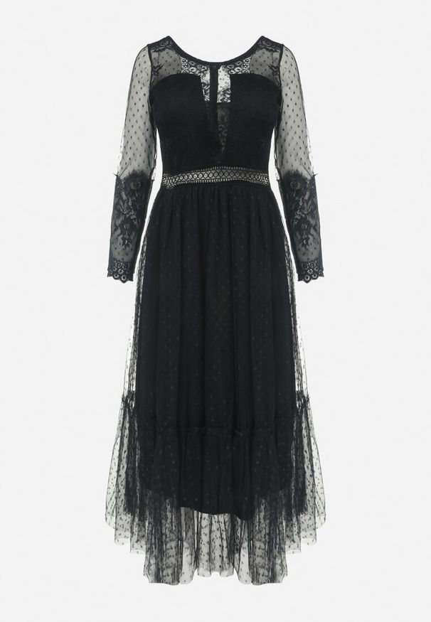 Born2be - Czarna Sukienka Maxi o Rozkloszowanym Fasonie z Ozdobną Koronką i Tiulem Steilla. Kolor: czarny. Materiał: tiul, koronka. Wzór: koronka. Długość: maxi