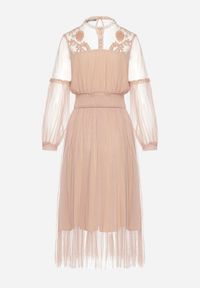 Born2be - Ciemnobeżowa Rozkloszowana Sukienka Tiulową z Koronką Llaudia. Kolor: beżowy. Materiał: tiul, koronka. Wzór: koronka #4