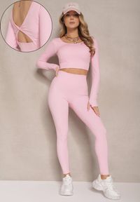Renee - Różowy Komplet Sportowy Legginsy High Waist i Longsleeve z Ozdobnym Tyłem Dasalle. Kolor: różowy. Materiał: jeans #1