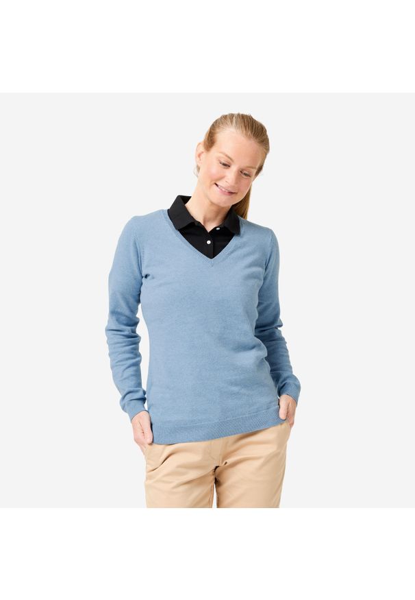 INESIS - Sweter do golfa damski Inesis MW100 dekolt w serek. Typ kołnierza: dekolt w serek, golf. Kolor: niebieski. Materiał: materiał, bawełna. Styl: sportowy, elegancki