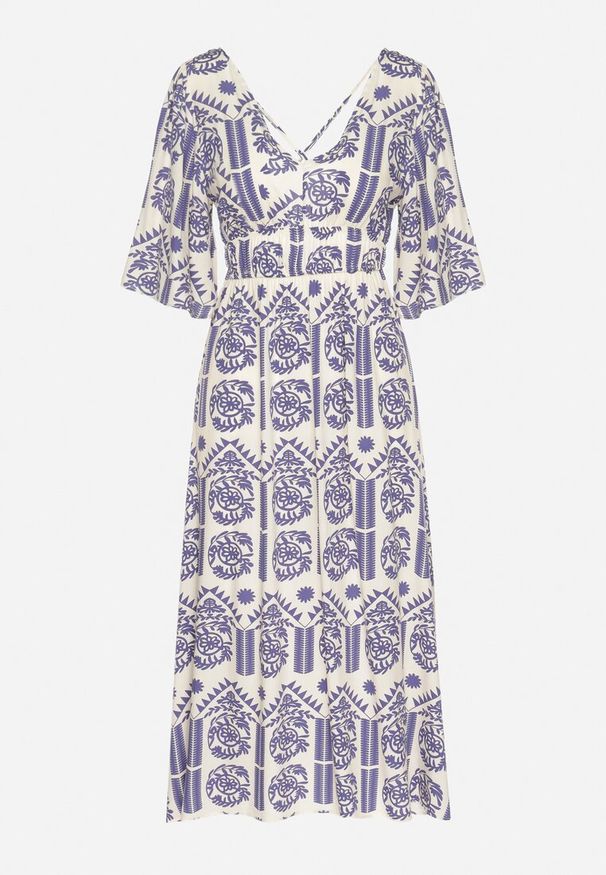 Born2be - Niebiesko-Kremowa Sukienka Wiskozowa Rozkloszowana z Odkrytymi Plecami w Print Boho Turaisa. Okazja: na co dzień. Typ kołnierza: dekolt w kształcie V. Kolor: niebieski. Materiał: wiskoza. Długość rękawa: długi rękaw. Wzór: nadruk. Typ sukienki: rozkloszowane, proste. Styl: boho