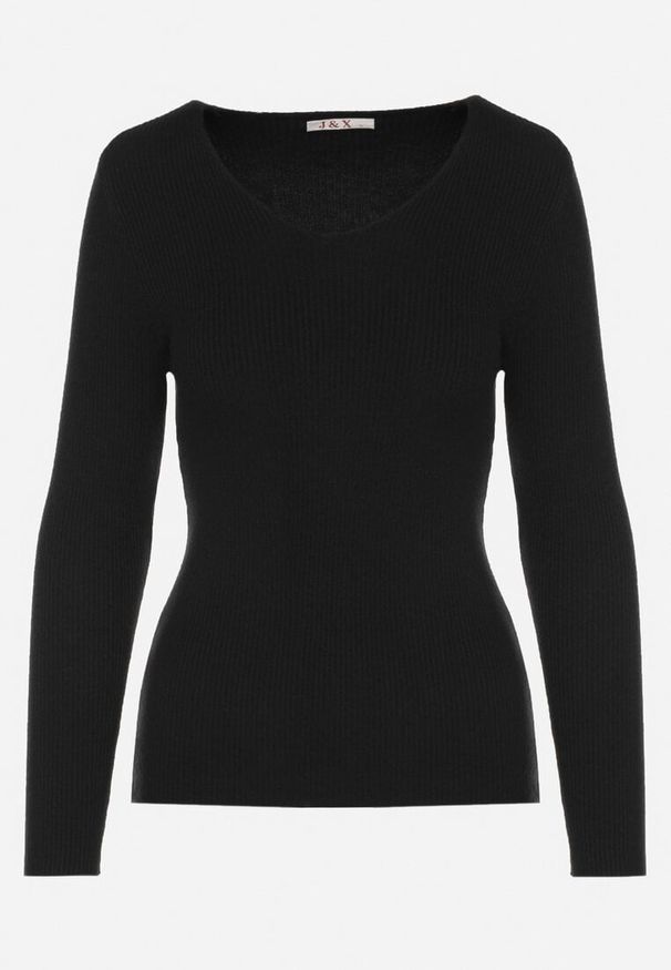 Born2be - Czarny Dopasowany Sweter z Prążkowanej Dzianiny z Bawełną z Dekoltem w Serek Tesma. Okazja: na co dzień. Typ kołnierza: dekolt w serek. Kolor: czarny. Materiał: bawełna, prążkowany, dzianina. Długość rękawa: długi rękaw. Długość: długie. Styl: elegancki, casual