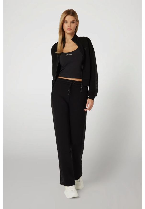 Guess - GUESS Czarna bluza damska z lampasami New Allie Scuba, Rozmiar S. Kolor: czarny. Materiał: materiał