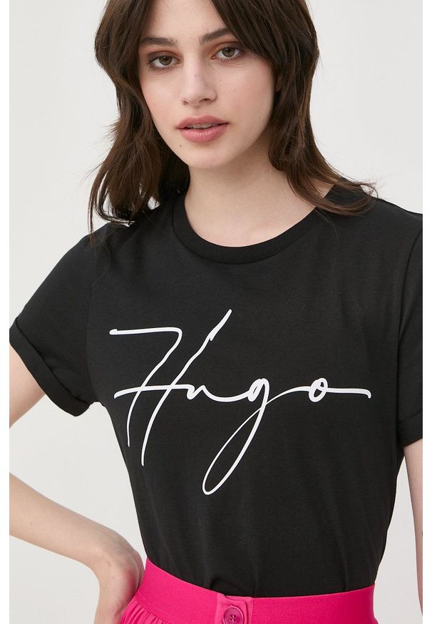 Hugo - HUGO t-shirt bawełniany kolor czarny. Kolor: czarny. Materiał: bawełna. Wzór: nadruk