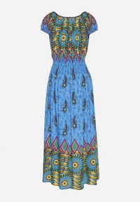 Born2be - Niebieska Bawełniana Sukienka w Etno Wzór z Gumką w Talii i Hiszpańskim Dekoltem Orose. Okazja: na co dzień. Kolor: niebieski. Materiał: bawełna. Wzór: aplikacja. Typ sukienki: proste. Styl: etno. Długość: maxi #2