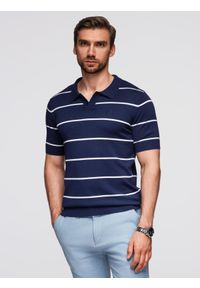Ombre Clothing - Męska koszulka polo w poziome paski z wiskozą – granatowo-biała V1 - Rozmiar: M. Okazja: na co dzień. Typ kołnierza: polo. Kolor: biały. Materiał: wiskoza. Wzór: paski. Styl: casual #5