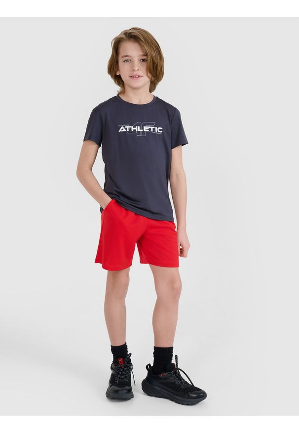 4f - 4F T-shirt sportowy szybkoschnący chłopięcy - szary 134/140 (8-10 lat). Kolor: szary. Materiał: syntetyk, włókno, dzianina, materiał, elastan. Wzór: jednolity, gładki, ze splotem, nadruk, napisy. Sezon: lato. Sport: fitness