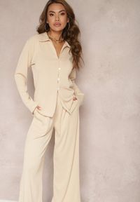 Renee - Beżowy Komplet Casualowy Szerokie Spodnie z Gumką w Pasie i Koszula Sansia. Kolor: beżowy #4