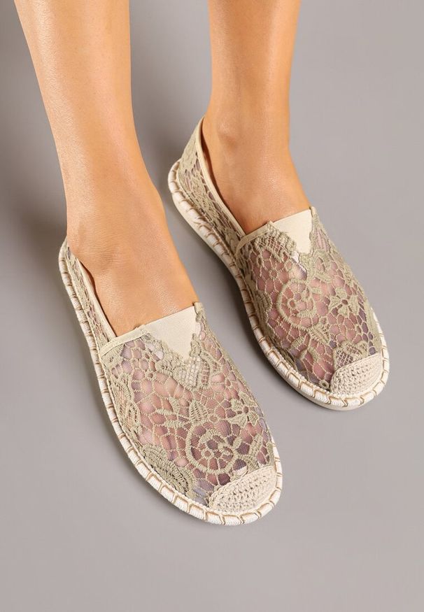 Born2be - Ciemnobeżowe Espadryle Ozdobione Koronką i Plecionką Odimara. Okazja: na co dzień. Kolor: beżowy. Materiał: koronka. Wzór: koronka, aplikacja. Styl: elegancki, casual