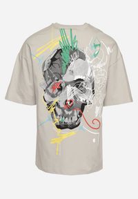 Born2be - Szara Koszulka z Krótkim Rękawem T-Shirt z Nadrukiem z Przodu i na Plecach Franestia. Okazja: na co dzień. Kolor: szary. Materiał: jeans. Długość rękawa: krótki rękaw. Długość: krótkie. Wzór: nadruk. Styl: casual, elegancki