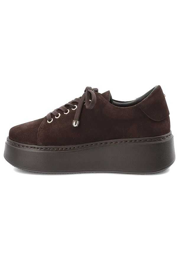 Czekoladowe Sneakersy Karino Modne Buty Damskie Na Platformie. Okazja: na co dzień. Zapięcie: sznurówki. Kolor: brązowy. Materiał: welur. Obcas: na platformie. Styl: casual, klasyczny, elegancki