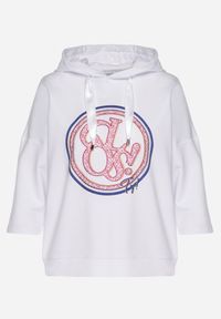 Born2be - Biała Bluza z Kapturem i Rękawami 3/4 Zdobiona Nadrukiem Saniriora. Typ kołnierza: kaptur. Kolor: biały. Materiał: jeans. Wzór: aplikacja, nadruk. Styl: klasyczny, elegancki #3