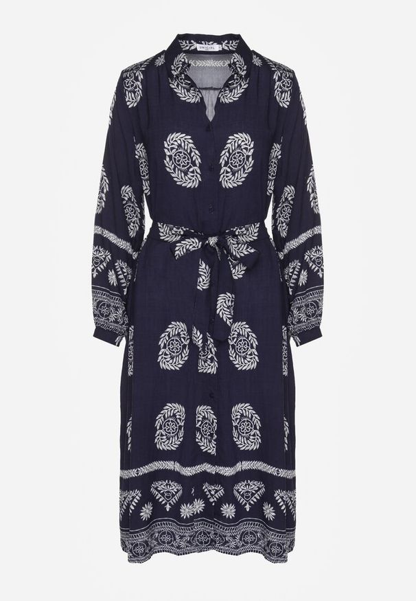 Renee - Granatowa Sukienka Koszulowa Wiązana w Pasie w Stylu Boho Rorisha. Okazja: na co dzień. Kolor: niebieski. Materiał: wiskoza, tkanina. Typ sukienki: koszulowe. Styl: boho