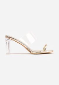 Born2be - Złote Klapki na Słupku z Transparentnym Paskiem i Obcasem Ryrnell. Okazja: na co dzień. Kolor: złoty. Materiał: jeans, materiał. Obcas: na obcasie. Styl: casual, elegancki, klasyczny. Wysokość obcasa: średni #8