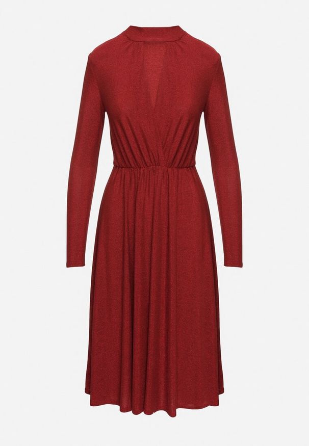 Born2be - Bordowa Koktajlowa Sukienka z Metaliczną Nicią Mianella. Kolor: czerwony. Długość rękawa: długi rękaw. Wzór: aplikacja. Styl: wizytowy