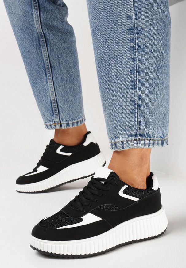 Born2be - Czarne Sneakersy na Grubej Podeszwie Ozdobione Brokatem Evllina. Kolor: czarny. Wzór: aplikacja
