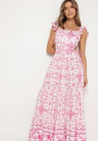 Born2be - Fuksjowa Sukienka w Ornamentny Wzór z Wycięciem Halionea. Okazja: na co dzień. Kolor: różowy. Sezon: lato. Styl: casual #4