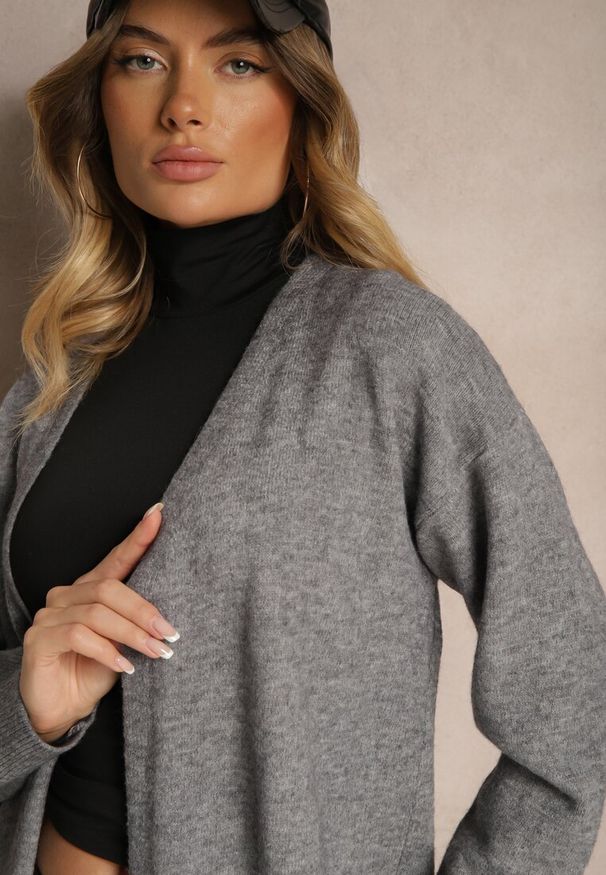 Renee - Szary Niezapinany Casualowy Kardigan z Wełną o Długim Kroju Zozita. Okazja: na co dzień. Kolor: szary. Materiał: wełna. Długość: długie. Styl: casual
