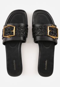 Renee - Czarne Klapki w Stylu Boho z Plecionką z Rafii i Metalową Klamerką Mezelin. Okazja: na co dzień. Kolor: czarny. Materiał: jeans, len. Sezon: lato. Styl: boho #4