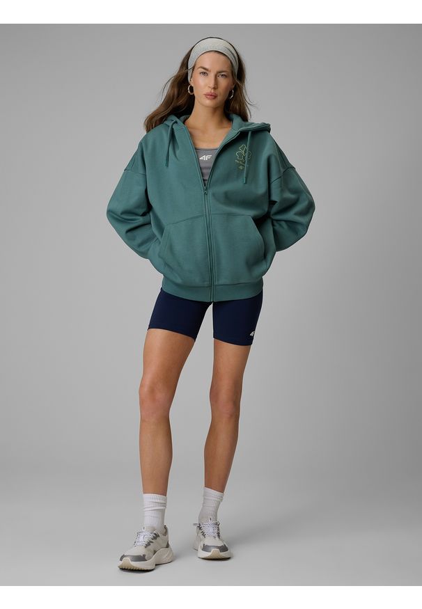4f - 4F Bluza dresowa loose z kapturem damska - turkusowa S. Okazja: na co dzień. Typ kołnierza: kaptur. Kolor: turkusowy. Materiał: dresówka. Styl: casual