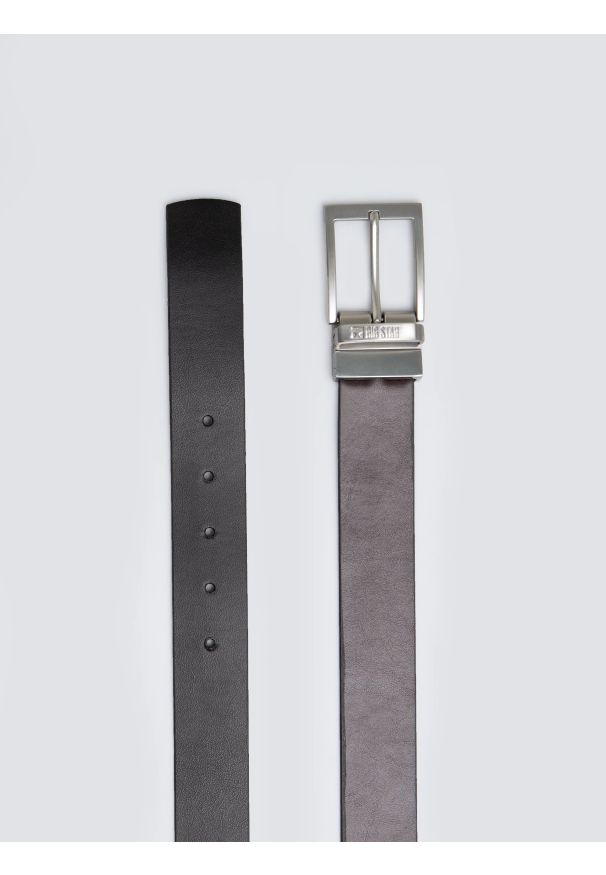 Big-Star - Pasek męski skórzany dwustronny ze srebrną klamrą czarny Ariso 906. Kolor: czarny. Materiał: skóra. Wzór: gładki. Styl: elegancki, casual, klasyczny, biznesowy