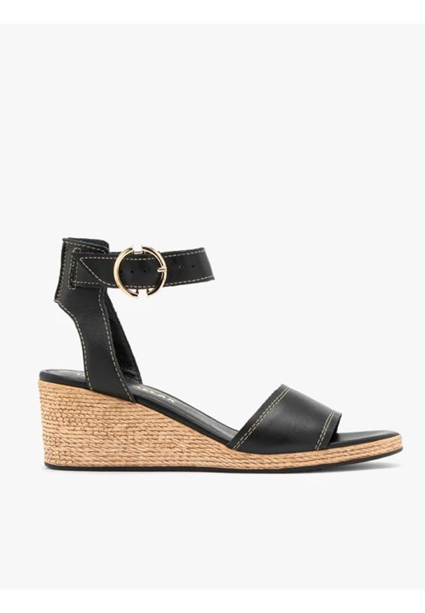 Ryłko - Czarne sandały na koturnie. Kolor: czarny. Materiał: skóra. Obcas: na koturnie. Styl: street