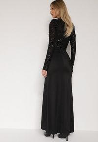 Born2be - Czarna Cekinowa Sukienka Wieczorowa z Półgolfem i Trenem Eylnore. Okazja: na imprezę. Kolor: czarny. Wzór: aplikacja. Styl: wizytowy #4